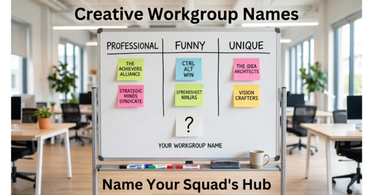 Office whiteboard with sticky notes showing workgroup names: Professional (The Achievers Alliance), Funny (Ctrl Alt Win), Unique (The Idea Architects). Blank note "Your Workgroup Name". Coffee mug, markers, blurred office background. Hero image for workgroup names article.