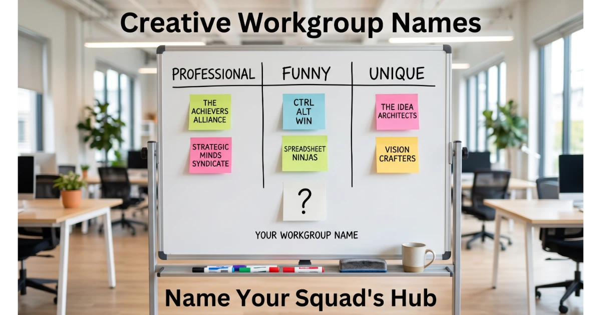 Office whiteboard with sticky notes showing workgroup names: Professional (The Achievers Alliance), Funny (Ctrl Alt Win), Unique (The Idea Architects). Blank note "Your Workgroup Name". Coffee mug, markers, blurred office background. Hero image for workgroup names article.