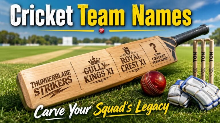 Cricket bat with engraved team names: Thunderblade Strikers, Gully Kings XI, Royal Crest XI. Blank space "Your Cricket Team Name". Ball, stumps, gloves, pitch background. Hero image for cricket team names article.