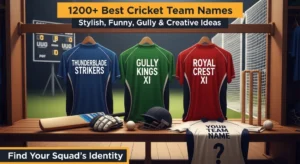 Three cricket jerseys with names: Thunderblade Strikers (blue), Gully Kings XI (green), Royal Crest XI (red). Blank jersey with "Your Team Name". Bat, gloves, stumps, ball on bench. Scoreboard background.