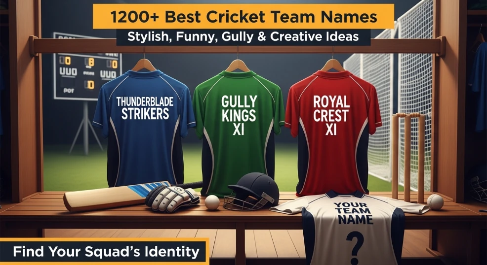 Three cricket jerseys with names: Thunderblade Strikers (blue), Gully Kings XI (green), Royal Crest XI (red). Blank jersey with "Your Team Name". Bat, gloves, stumps, ball on bench. Scoreboard background.