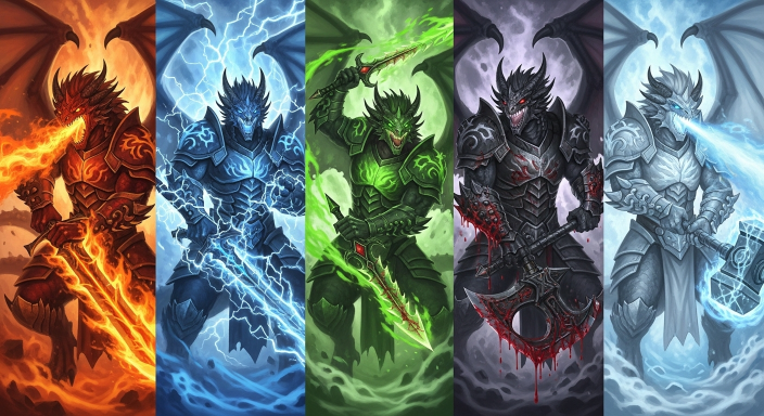 500+ Powerful Dragonborn Names for Your D&D Character 2 Dragonborn names color heritage guide showing five warriors with red, blue, green, black and white scales and elemental effects