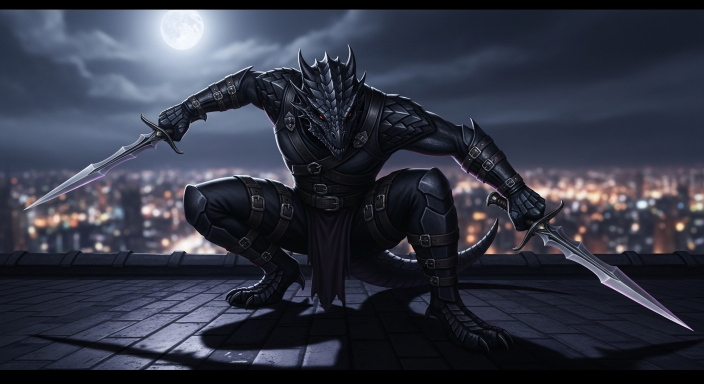 500+ Powerful Dragonborn Names for Your D&D Character 3 Black-scaled Dragonborn assassin on rooftop with twin daggers under moonlight