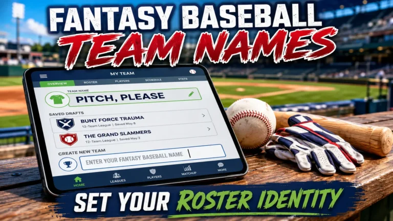 Fantasy baseball app screen with team name "Pitch, Please" and suggestions "Bunt Force Trauma", "The Grand Slammers". Blank field "Enter Your Fantasy Baseball Name". Ball, bat, gloves, dugout background. Hero image for fantasy baseball team names article.