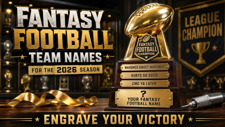 Championship trophy with engraved fantasy football team names: Mahomes Sweet Mahomes, Hurts So Good, CMC Ya Later. Blank plate "Your Fantasy Football Name". Engraving tool, ribbon, trophy case background. Hero image for fantasy football team names article.