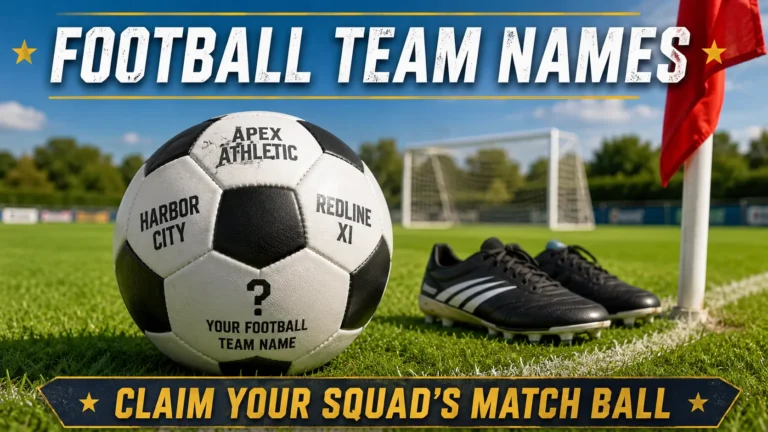 Football with engraved team names: Apex Athletic, Harbor City, Redline XI. Blank area "Your Football Team Name". Boots, corner flag, pitch background. Hero image for football team names article.
