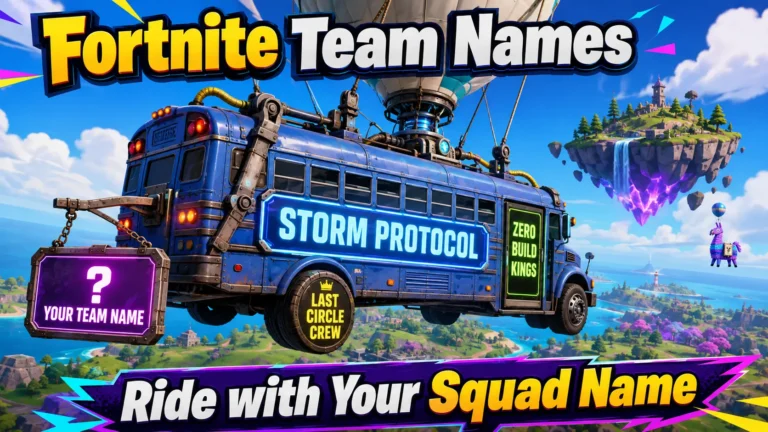 Fortnite-style battle bus with nameplates: Storm Protocol, Zero Build Kings, Last Circle Crew. Blank plate "Your Team Name". Floating island, llama background. Hero image for Fortnite team names article.
