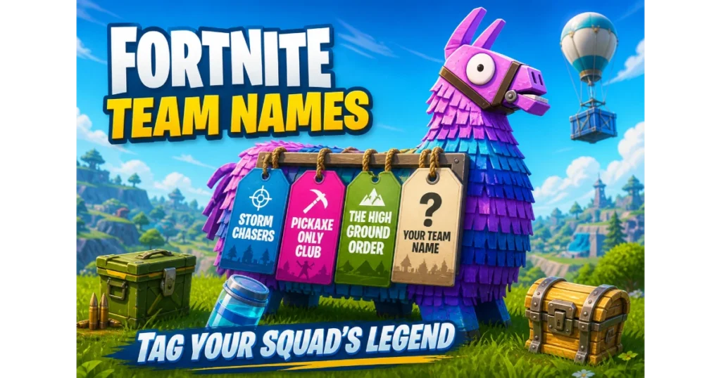 Loot llama with hanging name tags: Storm Chasers, Pickaxe Only Club, The High Ground Order. Blank tag "Your Team Name". Ammo box, chug jug, chest, supply drop background. Hero image for Fortnite team names.