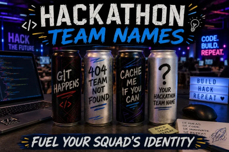 Energy drink cans with hackathon team names: Git Happens, 404 Team Not Found, Cache Me If You Can. Blank can "Your Hackathon Team Name". Keyboard, mouse, hackathon background.