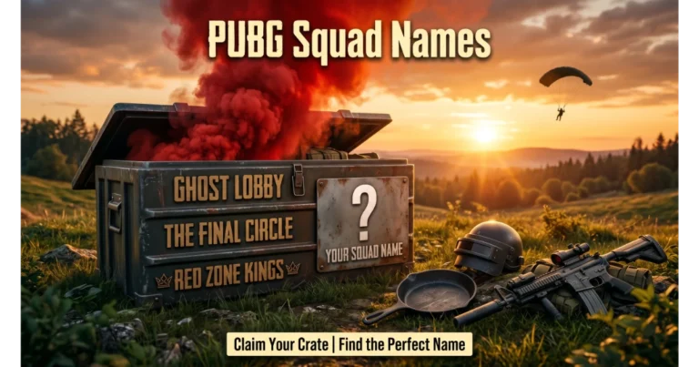 Red smoke airdrop crate with engraved PUBG squad names: Ghost Lobby, The Final Circle, ꧁Red Zone Kings꧂. Blank plate "Your Squad Name". Level 3 helmet, pan, M416, parachute background. Hero image for PUBG squad names.