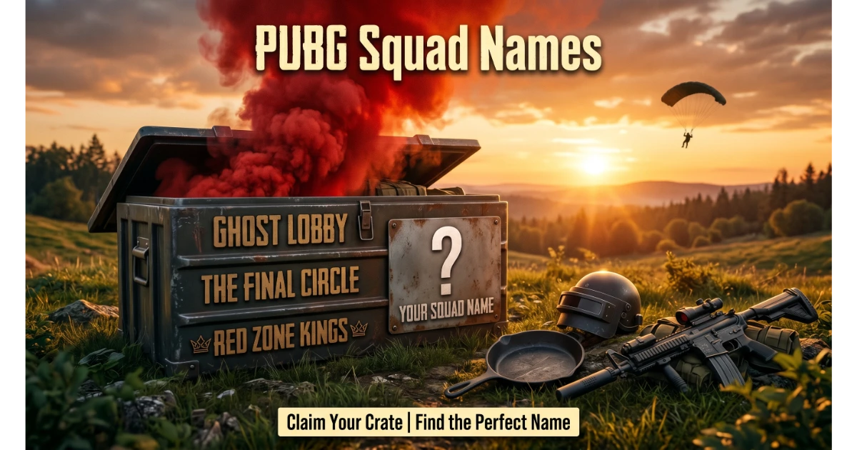 Red smoke airdrop crate with engraved PUBG squad names: Ghost Lobby, The Final Circle, ꧁Red Zone Kings꧂. Blank plate "Your Squad Name". Level 3 helmet, pan, M416, parachute background. Hero image for PUBG squad names.