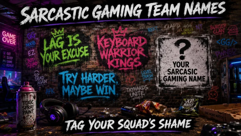 Graffiti wall with sarcastic gaming team names: Lag Is Your Excuse, Keyboard Warrior Kings, Try Harder Maybe Win. Blank tag "Your Sarcastic Gaming Name". Spray can, headset, messy desk background. Hero image for sarcastic gaming team names article.