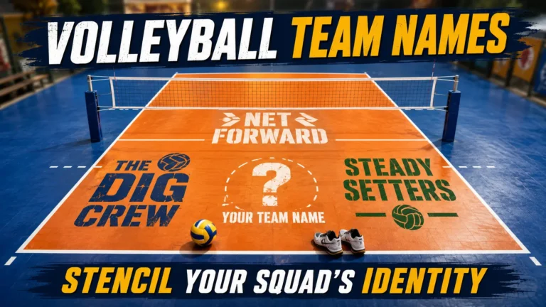 Volleyball court with team names painted on surface: Net Forward, The Dig Crew, Steady Setters. Blank area "Your Team Name". Ball, shoes, court background. Hero image for volleyball team names article.