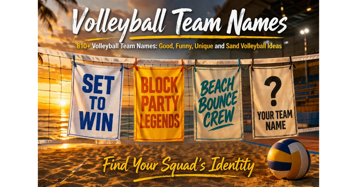 Volleyball net with hanging banners displaying volleyball team names: Set to Win, Block Party Legends, Beach Bounce Crew. Blank banner "Your Team Name". Volleyball on sand, sunset background. Hero image for volleyball team names article.