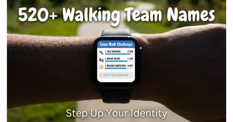 Fitness tracker screen showing step challenge leaderboard with walking team names: Sole Survivors (12,456 steps), Walkie Talkies (11,203 steps), Mission Slimpossible (10,987 steps). Blank field "Enter Your Team Name". Park trail background. Hero image for walking team names article.