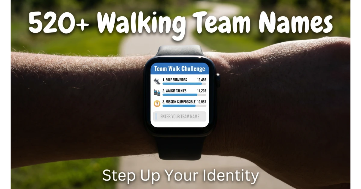 Fitness tracker screen showing step challenge leaderboard with walking team names: Sole Survivors (12,456 steps), Walkie Talkies (11,203 steps), Mission Slimpossible (10,987 steps). Blank field "Enter Your Team Name". Park trail background. Hero image for walking team names article.