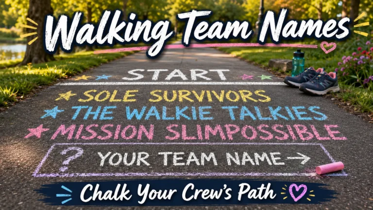Sidewalk with chalk start line and walking team names: Sole Survivors, The Walkie Talkies, Mission Slimpossible. Blank chalk rectangle "Your Team Name →". Shoes, trees, grass background. Hero image for walking team names article.