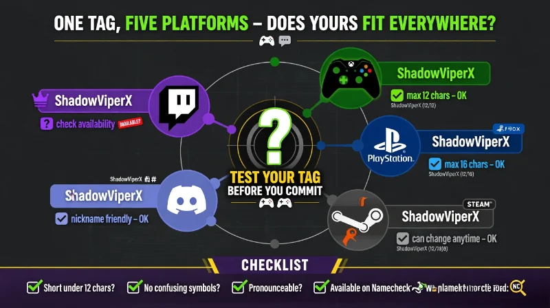 270+ Cool Gamer Tags & Gaming Usernames (2026): Funny, Unique & Creative Ideas 1 Infographic showing how the tag "ShadowViperX" appears on Xbox, PlayStation, Steam, Discord, and Twitch with platform-specific tips.