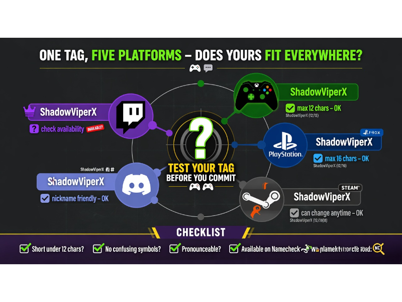 Infographic showing how the tag "ShadowViperX" appears on Xbox, PlayStation, Steam, Discord, and Twitch with platform-specific tips.