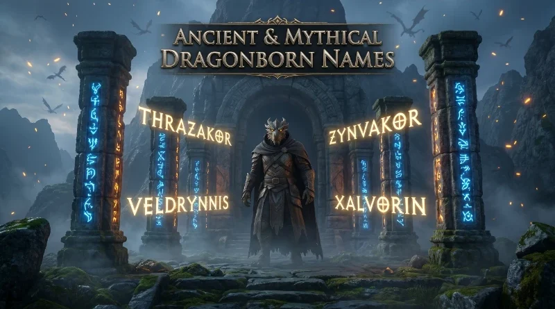 ancient mythical dragonborn names displayed in a fantasy temple with glowing runes