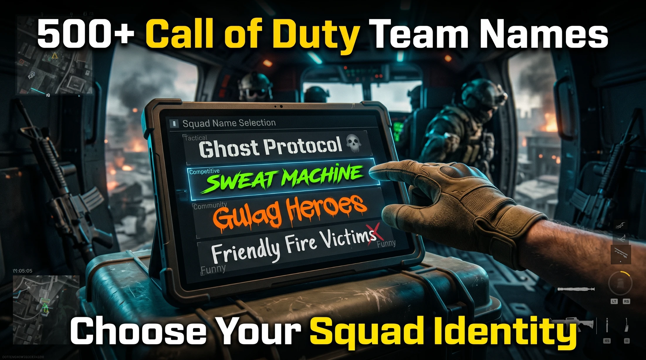 Call of Duty squad selecting team names on a tactical screen showing cool, funny, and competitive COD team name ideas