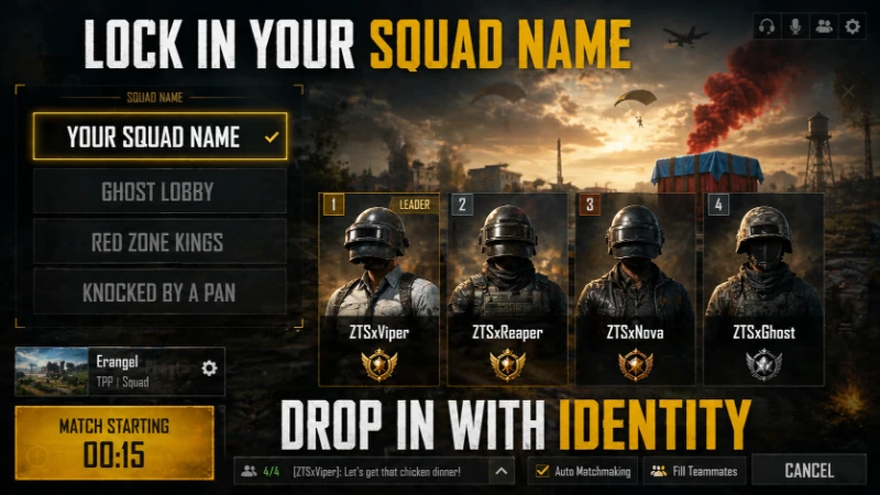 pubg squad lobby screen with team name selected and players ready to start match