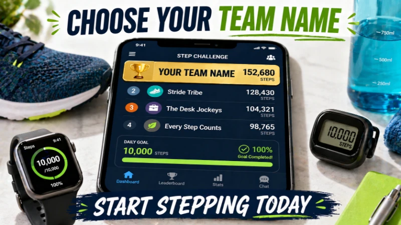 fitness app leaderboard showing step challenge team name selection with top ranking team placeholder