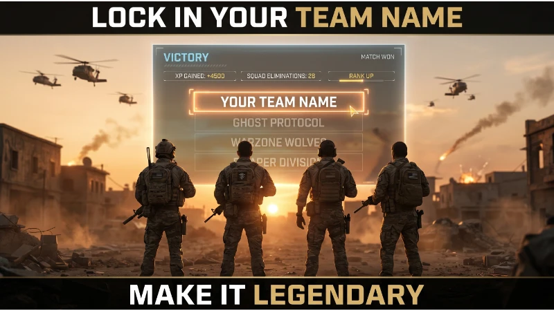Call of Duty squad victory screen with highlighted team name placeholder encouraging players to choose their team name