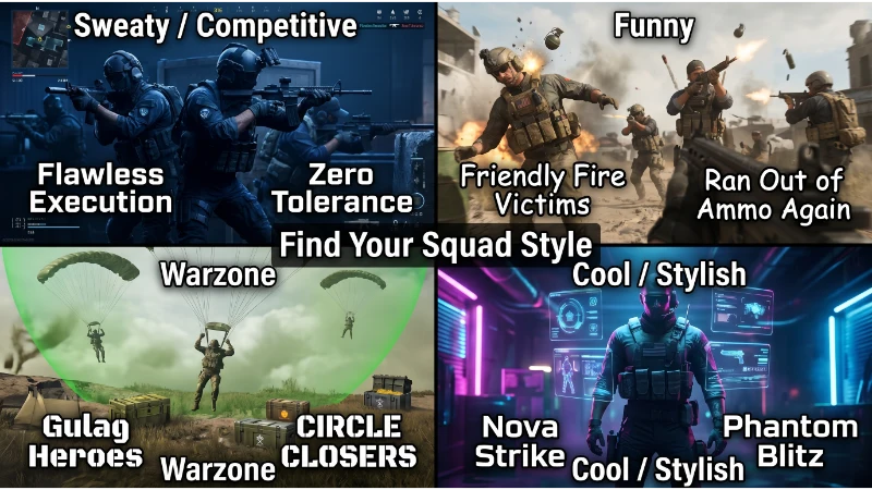 Call of Duty team names categories visual showing sweaty, funny, warzone, and cool squad name styles