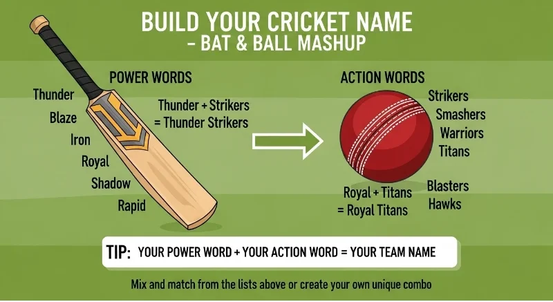 Infographic titled "Gully Cricket Name Checklist – Does Your Name Have Street Cred?" with 5 items: short & shoutable (Gully Kings), no English needed (Mohalla Masters), works on a tape ball (Wicket Toh Gaya), makes friends laugh (Chappal Se Ball), easy to chant after a six. Final stamp: Gully Approved or Back to the Lane.