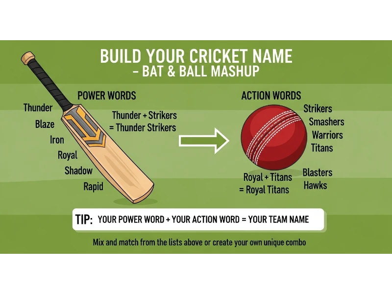 Infographic titled "Gully Cricket Name Checklist – Does Your Name Have Street Cred?" with 5 items: short & shoutable (Gully Kings), no English needed (Mohalla Masters), works on a tape ball (Wicket Toh Gaya), makes friends laugh (Chappal Se Ball), easy to chant after a six. Final stamp: Gully Approved or Back to the Lane.