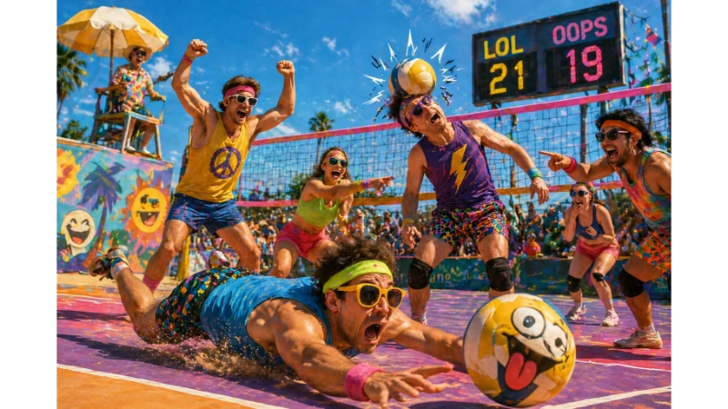 Funny volleyball team names illustrated by a chaotic game scene with players diving, laughing, and missing the ball on a colorful court