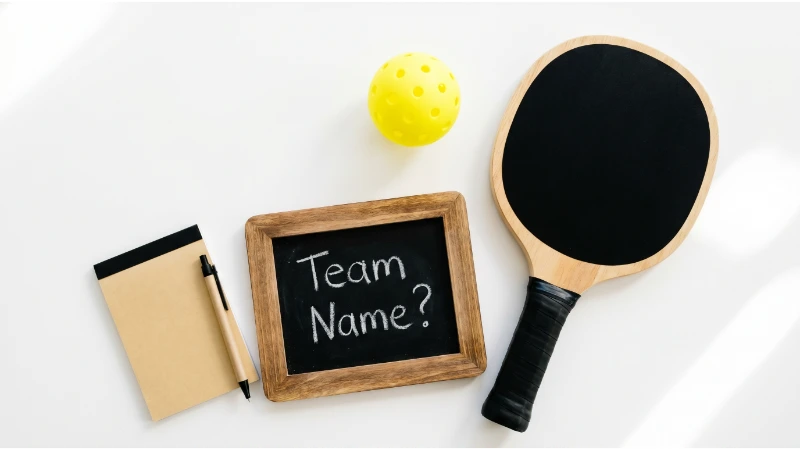 Pickleball paddle, ball, and notepad for choosing a team name