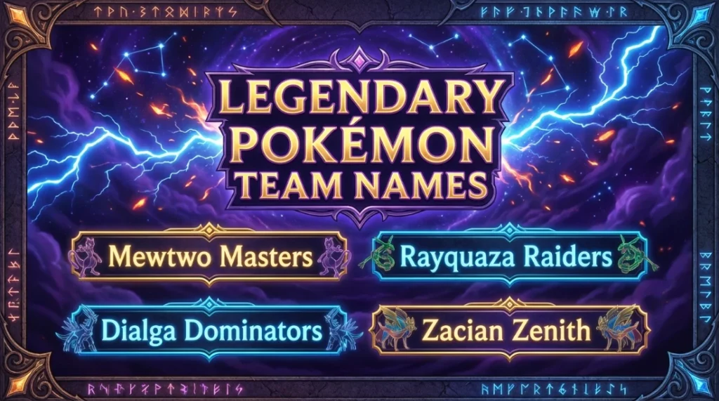 legendary Pokémon team names including Mewtwo Masters and Rayquaza Raiders