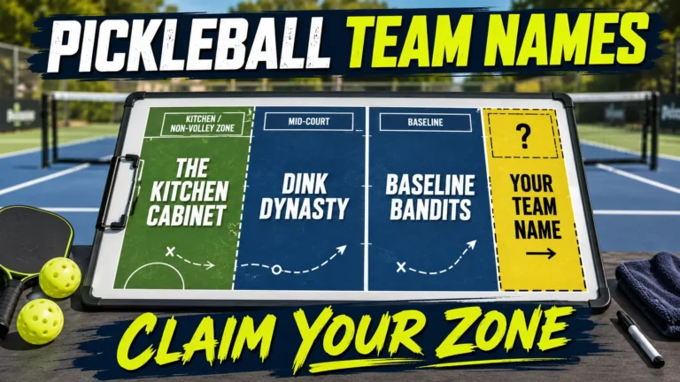 Pickleball court diagram with team names in zones: The Kitchen Cabinet (kitchen), Dink Dynasty (mid-court), Baseline Bandits (baseline). Blank zone "Your Team Name →". Court background.
