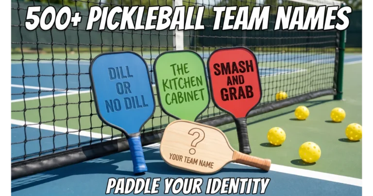 Three pickleball paddles with team names: Dill or No Dill, The Kitchen Cabinet, Smash and Grab. Blank paddle "Your Team Name". Pickleball court background with net and balls. Hero image for pickleball team names article.
