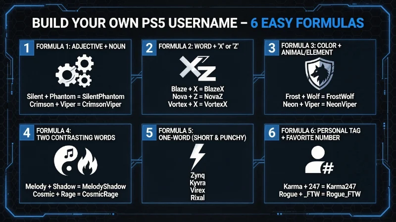 Infographic titled "Build Your Own PS5 Username – 6 Easy Formulas" showing six name-building methods.