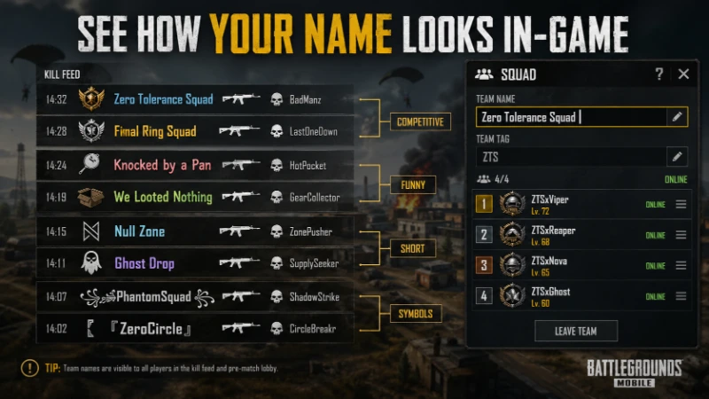 pubg kill feed showing different squad name styles including competitive, funny, short, and symbol-based names