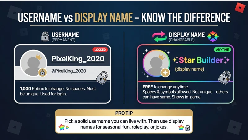 Side-by-side comparison of Roblox Username and Display Name.