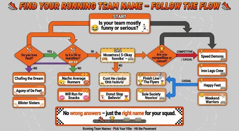 Flowchart titled "Find Your Running Team Name – Follow the Flow" helping users choose running team names.