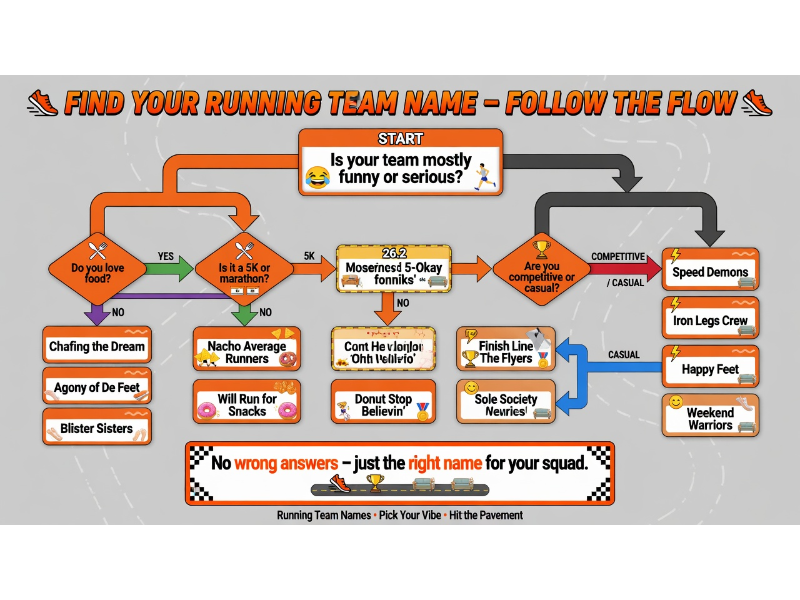 Flowchart titled "Find Your Running Team Name – Follow the Flow" helping users choose running team names.