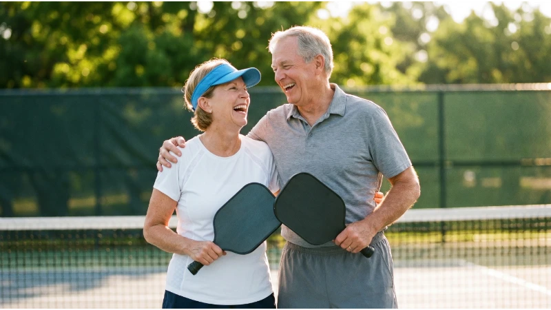 Two senior pickleball players smiling and holding paddles on an outdoor court