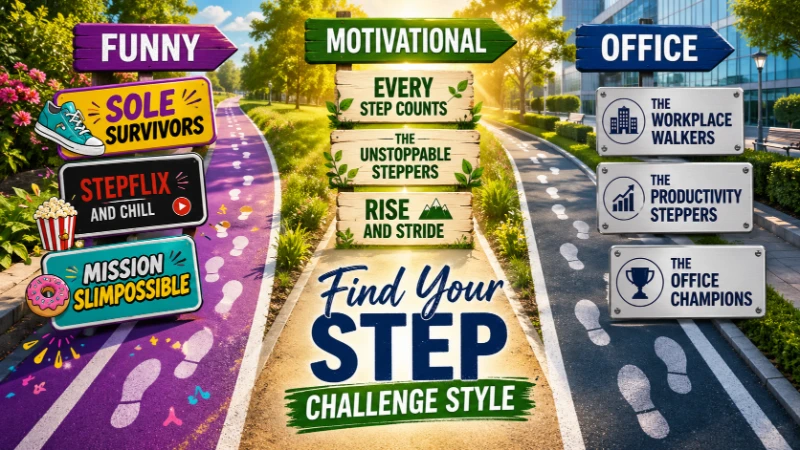 step challenge team names categories showing funny, motivational, and office walking team name styles