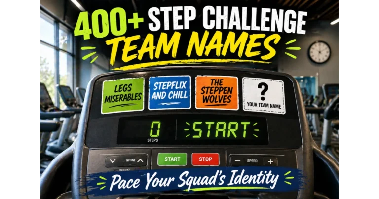 Treadmill console with sticker labels showing step challenge team names: Legs Miserables, Stepflix and Chill, The Steppen Wolves. Blank label "Your Team Name". Gym background with other treadmills and clock. Hero image for step challenge team names.