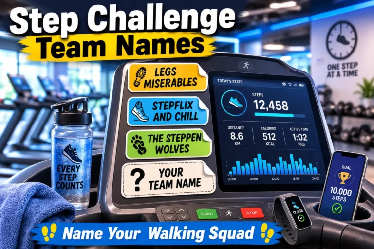 Treadmill console with sticker labels showing step challenge team names: Legs Miserables, Stepflix and Chill, The Steppen Wolves. Blank label "Your Team Name". Gym background with other treadmills and clock. Hero image for step challenge team names article.