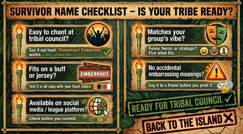 Infographic titled "Survivor Name Checklist – Is Your Tribe Ready?" with five checklist items: easy to chant, fits on buff, available on platforms, matches group vibe, no embarrassing meanings. Final stamp: Ready for Tribal Council or Back to the Island. For choosing Survivor team names.