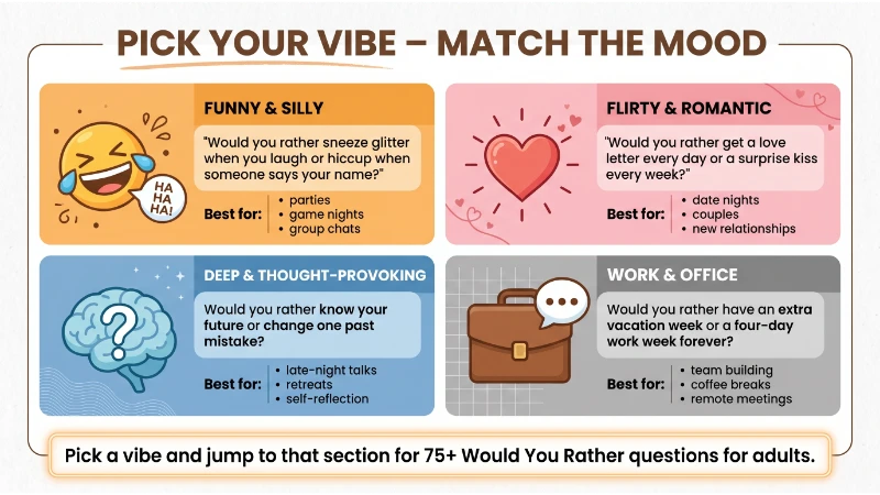 Infographic titled "Pick Your Vibe – Match the Mood" with four cards: Funny & Silly (sneeze glitter vs hiccup), Flirty & Romantic (love letter vs surprise kiss), Deep & Thought-Provoking (know future vs change past), Work & Office (extra vacation vs four-day week). Helps users choose Would You Rather questions for adults by setting.