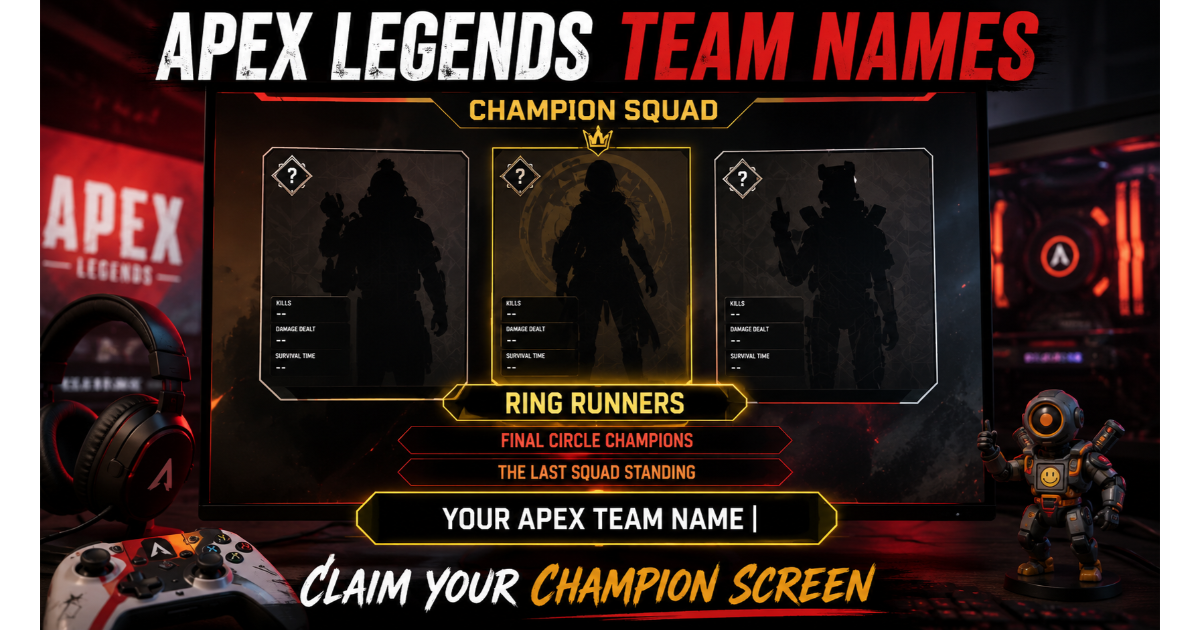 Apex Legends champion screen with team name slot showing "Ring Runners" and smaller banners "Final Circle Champions" and "The Last Squad Standing". Blank slot "Your Apex Team Name". Controller, headset, figure background. Hero image for Apex Legends team names article.