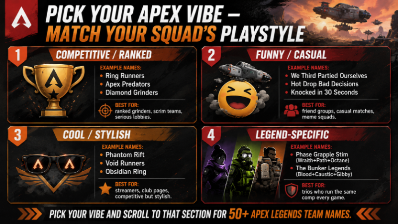 Infographic titled "Pick Your Apex Vibe – Match Your Squad's Playstyle" with four quadrants: Competitive/Ranked (Ring Runners), Funny/Casual (We Third Partied Ourselves), Cool/Stylish (Phantom Rift), Legend-Specific (Phase Grapple Stim). Helps users find Apex Legends team names by style.