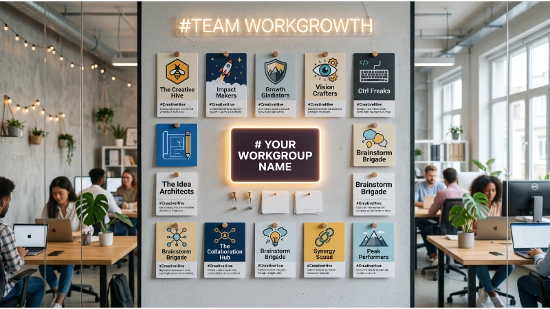 Creative Workgroup Names: Funny, Unique & Professional Ideas 2 Creative workgroup names displayed on office wall cards and Slack-style team channels.